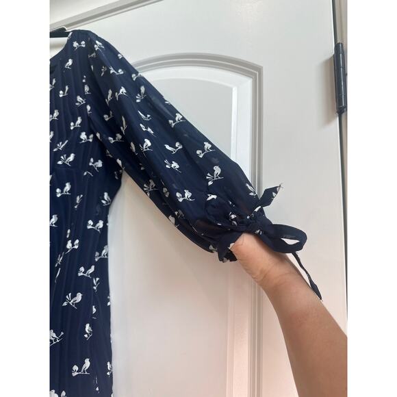 Cb Navy Blue Sheer Boho Blouse with White Birds on Branch Novelty Print - Picture 3 of 7